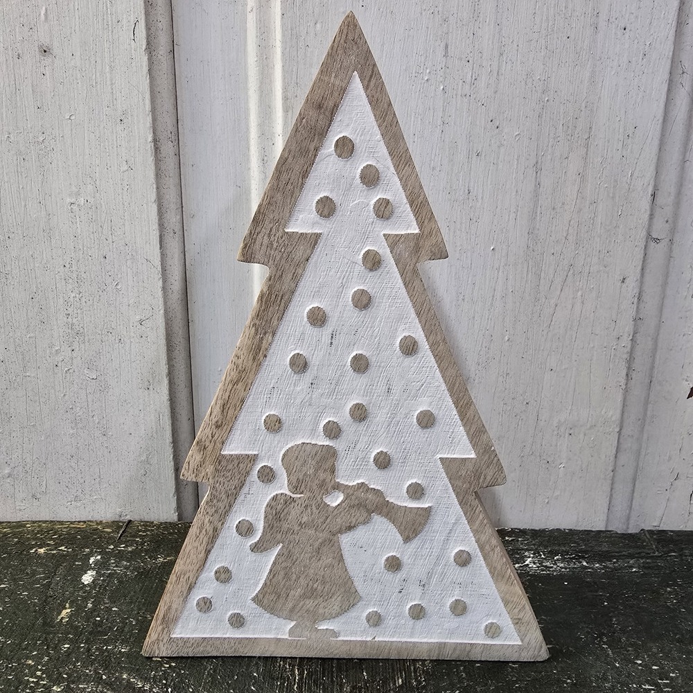 VHC Brands‎ Distressed White Wooden Christmas Tree Folk Angel Snow Decor 8" NEW